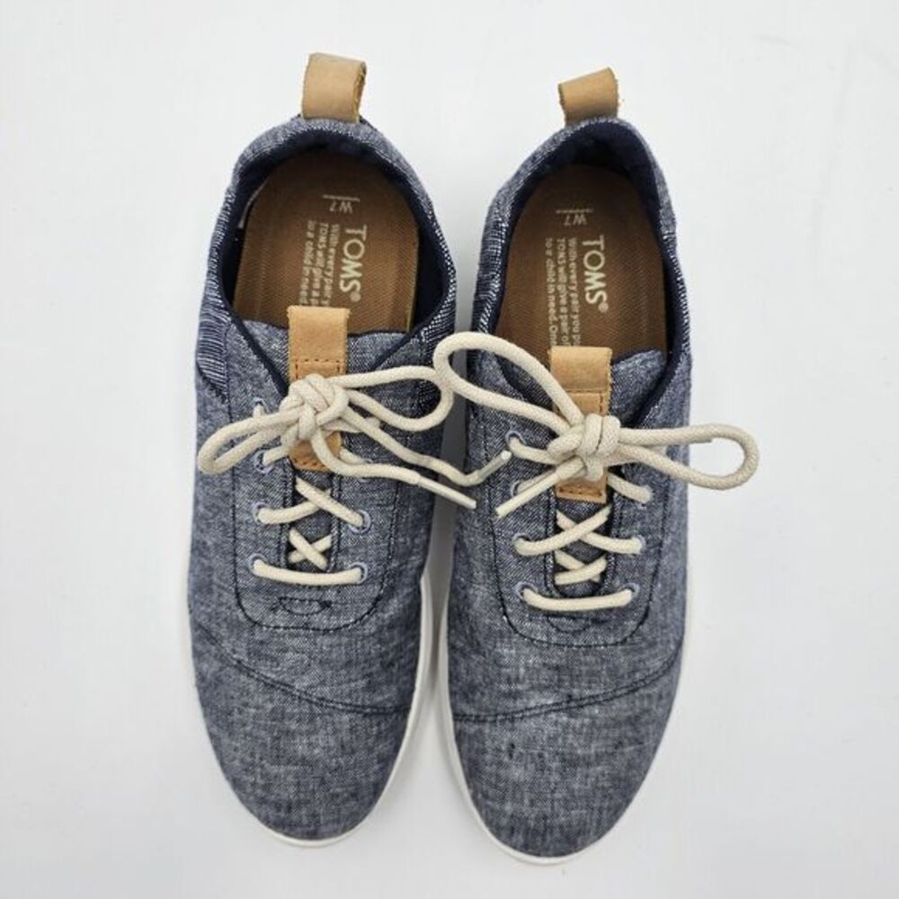 Toms Denim Sneakers Womans Size 7 Blue Lace‎ Up Oxfords Rubber Sole Shoes Flats